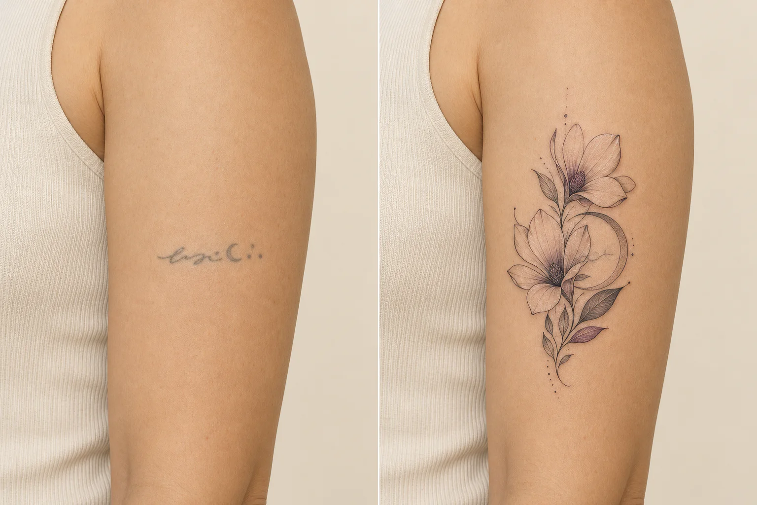 Side-by-side upper-arm images showing faded lettering and a crescent, then a magnolia flower cover-up concept.
