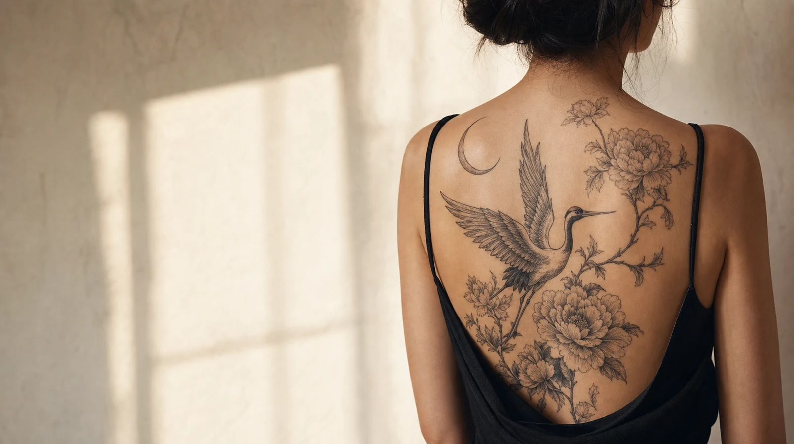 Adult woman wearing an original crane, crescent moon, and peony back tattoo design