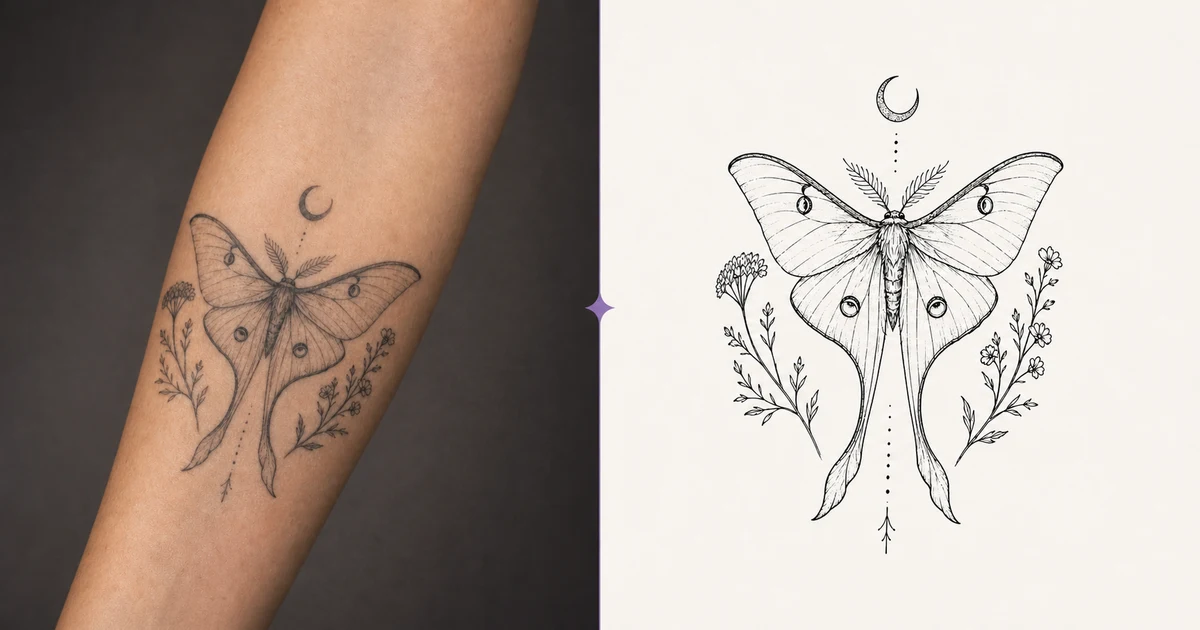 Moth and botanical tattoo on a forearm beside a matching black-and-white stencil-style drawing.